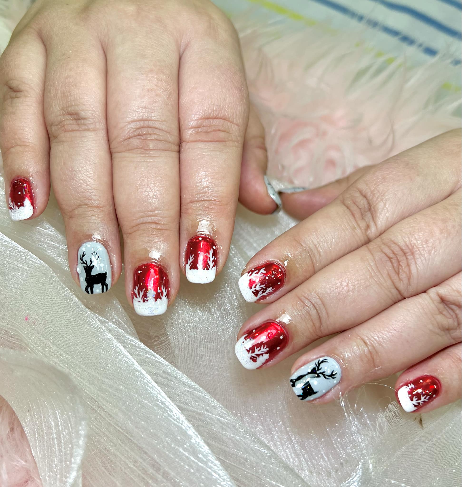 Christmas red chrome with a reindeer and snowflakes