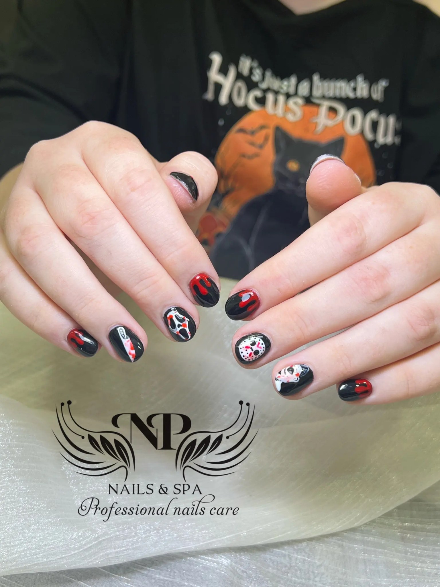 Black and red with Halloween art