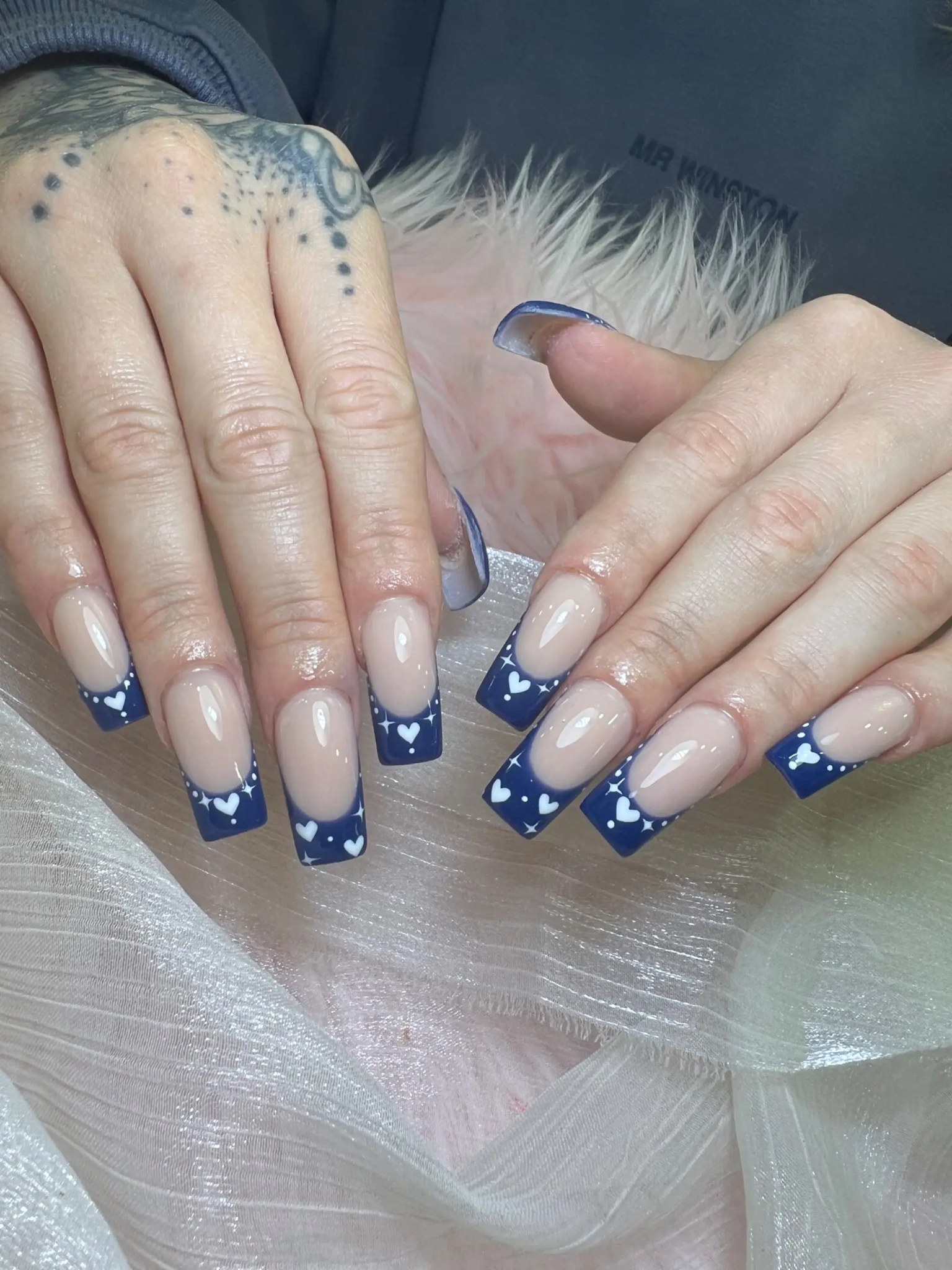Navy French tips with little white hearts