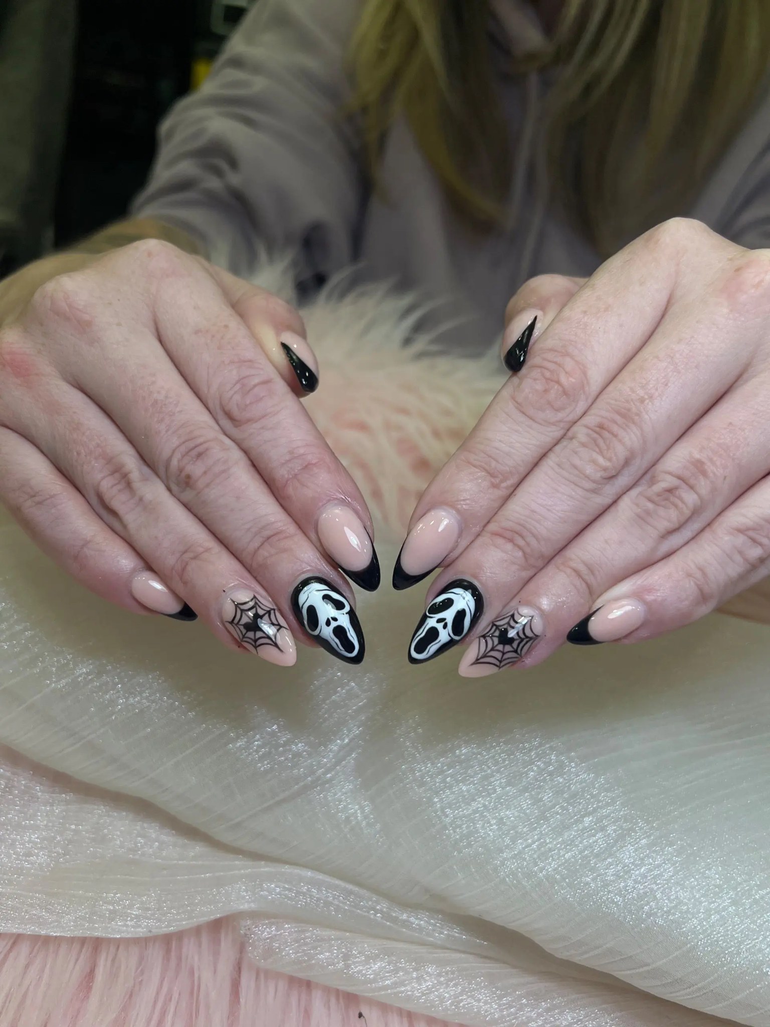 Black French tips with Ghostface and spiders