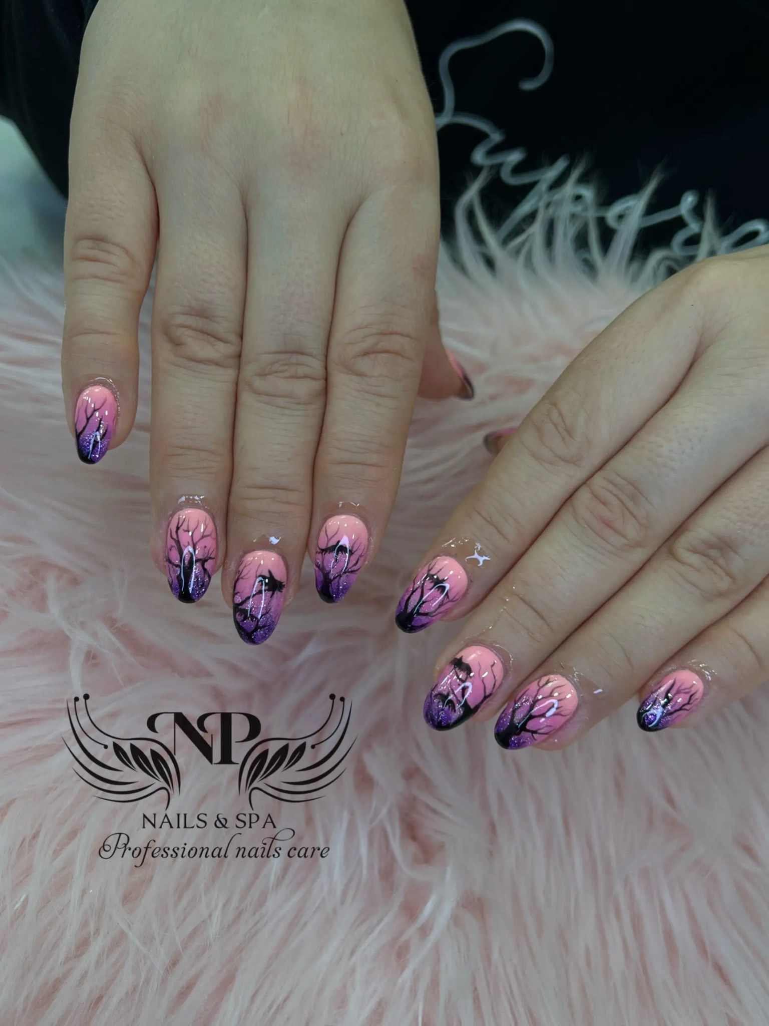 Pink to purple ombré with tree silhouettes